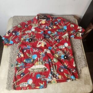 Vintage CACTUS CLOTHING Hawaiian Hula POOL BILLARDS Red Mens Shirt Size L